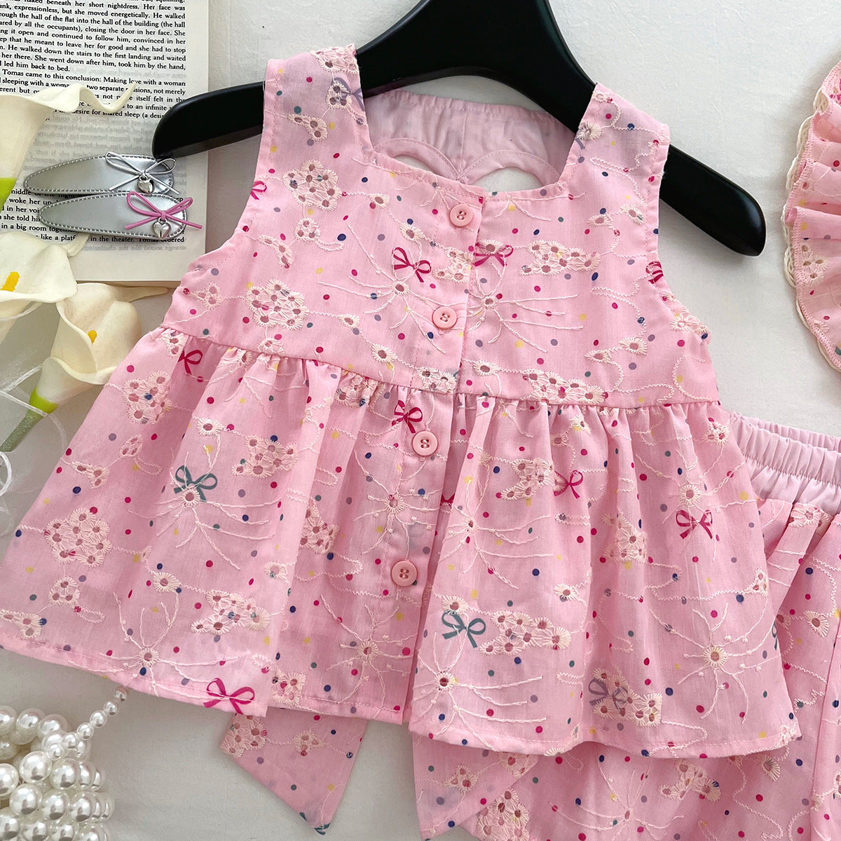 [963165] - One Set 2in1 Baju Setelan Atasan Lengan Kutung Bawahan Celana Pendek Korean Style Anak Perempuan Cewek - Motif Little Bow - BABYHOKI STORE - BABYHOKI STORE