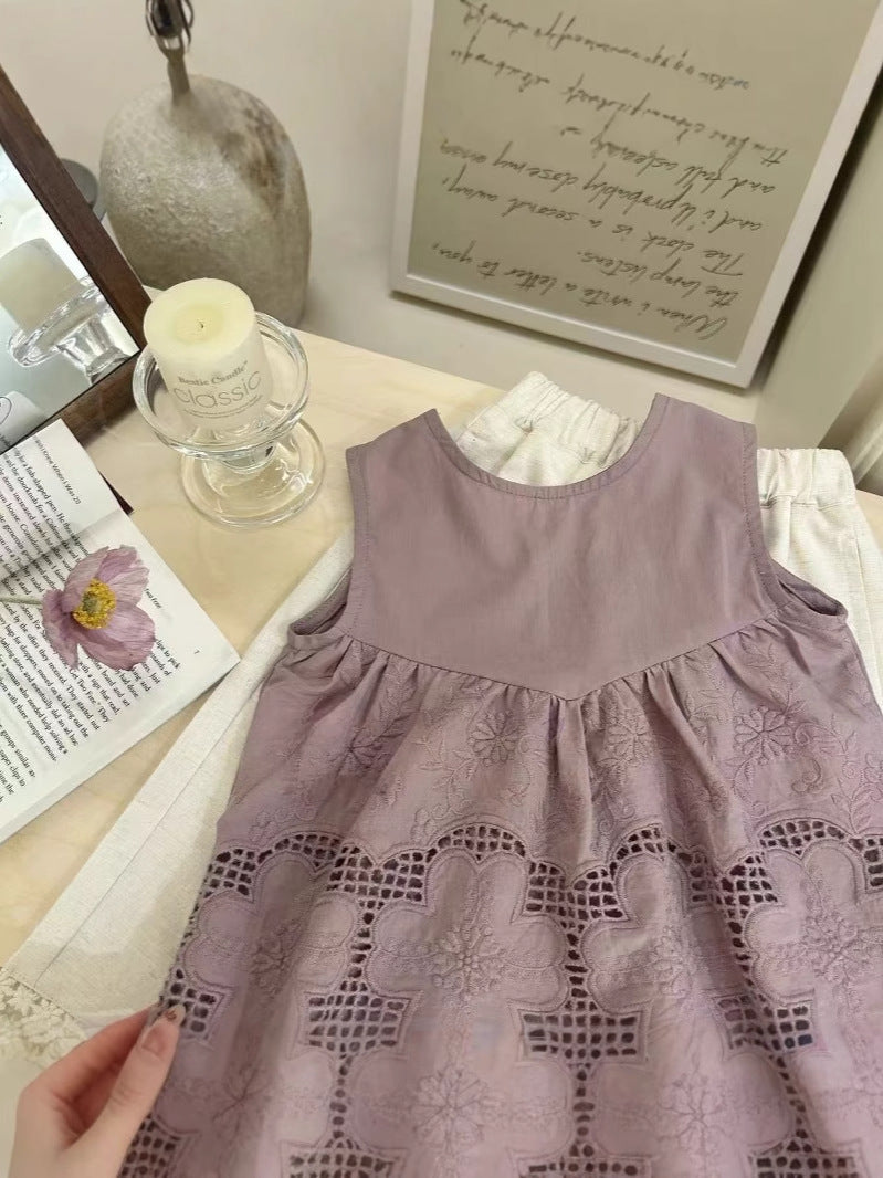 [5071089] - One Set 2in1 Baju Setelan Atasan Purple Katbol Lengan Kutung Bawahan Celana Panjang Kulot Berenda Fashion Anak Perempuan Cewek - Motif Top Purple Katbol - BABYHOKI STORE