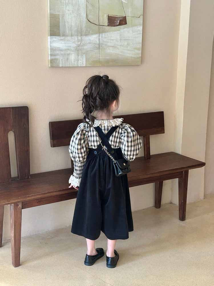 [5071124] - One Set 2in1 Baju Setelan Atasan Blouse Lengan Panjang Style Palace Bawahan Overall Panjang Fashion Trendi Anak Perempuan Cewek - Motif Plaid - BABYHOKI STORE