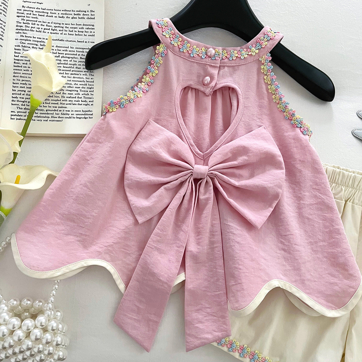 [963163] - One Set 2in1 Baju Setelan Atasan Lengan Kutung Bawahan Celana Pendek Korean Version Style Anak Perempuan Cewek - Motif Floral Bow - BABYHOKI STORE - BABYHOKI STORE