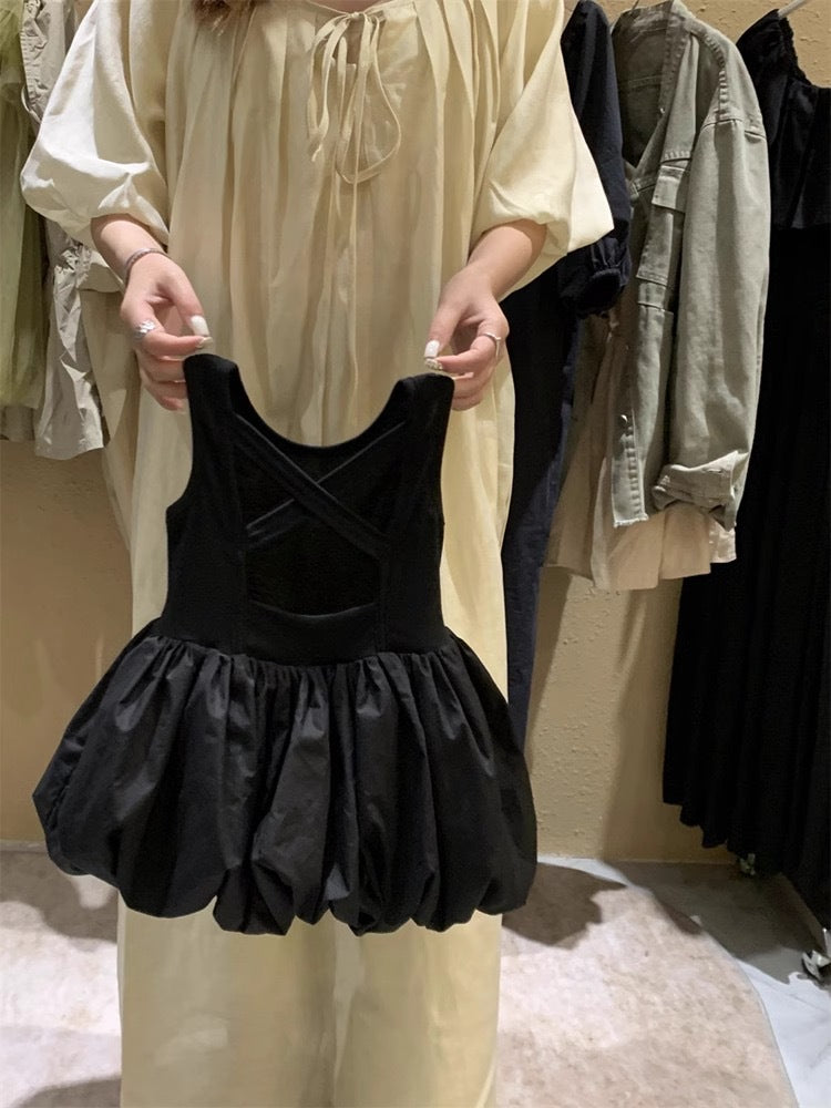 [5071100] - Baju Dress Gaun Princess Lengan Kutung Fashion Anak Perempuan Cewek - Motif Solid Colour Black - BABYHOKI STORE