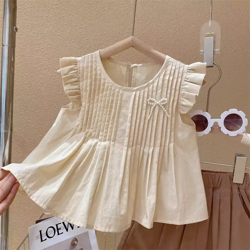 BABYHOKI STORE Usia 7 8 9 10 Tahun Baju Anak Tanggung Cewek [363635] - Setelan Blouse Kutung Celana Pendek Chino Anak Perempuan - Motif Straight Bend