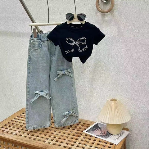 [963231] - One Set 2in1 Baju Setelan Atasan Kaos Lengan Pendek Bawahan Celana Jeans Kulot Comfort Style Anak Perempuan Cewek - Motif Big Bow - BABYHOKI STORE