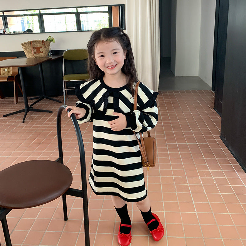 [507S151] - Baju Dress Lengan Panjang Fashion Anak Perempuan - Motif Neat Line