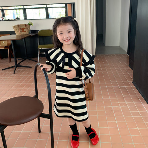 [507S151] - Baju Dress Lengan Panjang Fashion Anak Perempuan - Motif Neat Line