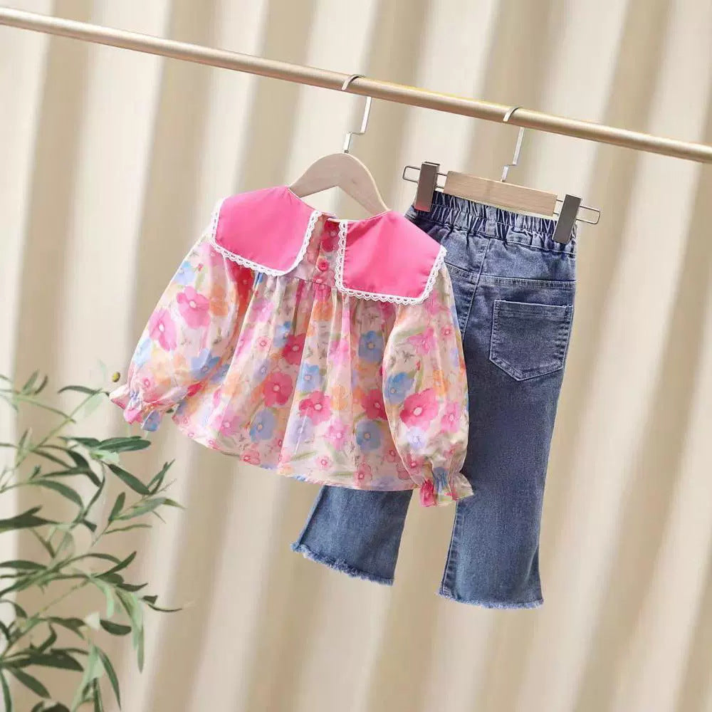 [363904] - Baju Setelan Atasan Bloue Lengan Panjang Bawahan Celana Panjang Denim Fashion Anak Cewek Perempuan - Motif Lapel Flower - BABYHOKI STORE - BABYHOKI STORE