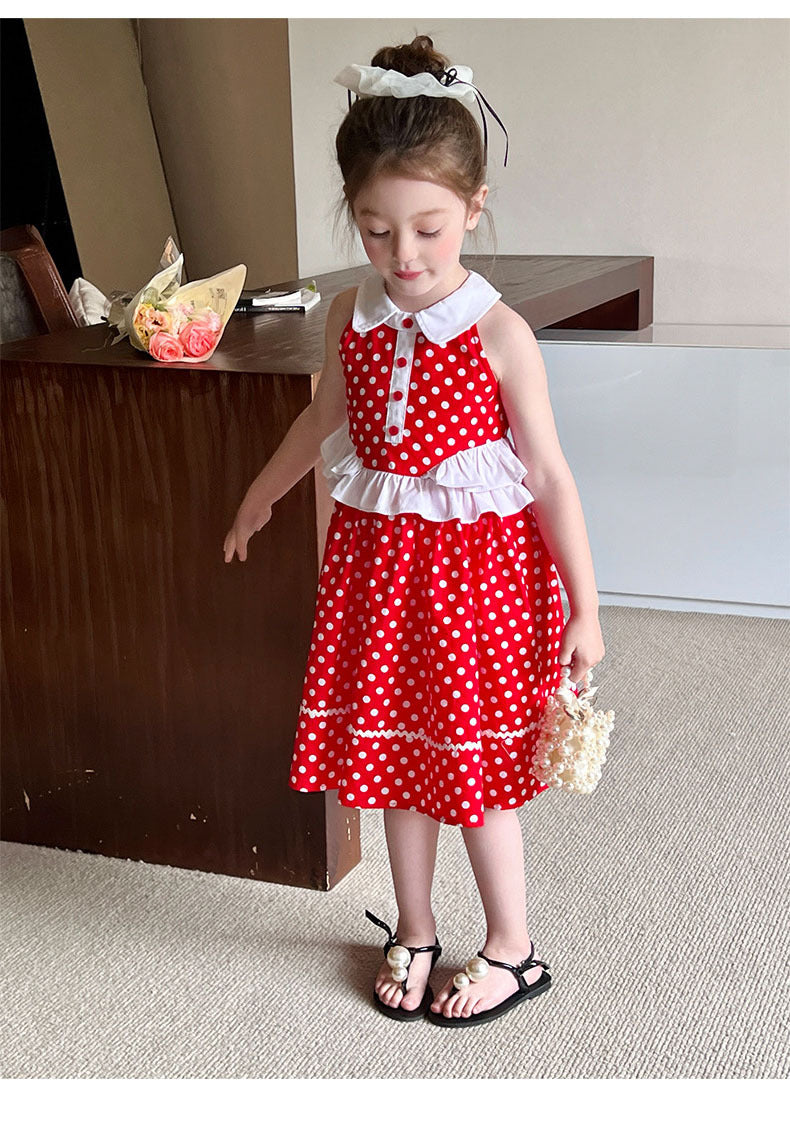 [5071081] - Baju Dress Summer Gaun Lengan Kutung Fashion Anak Perempuan Cewek - Motif Polka Basic Colour Red - BABYHOKI STORE