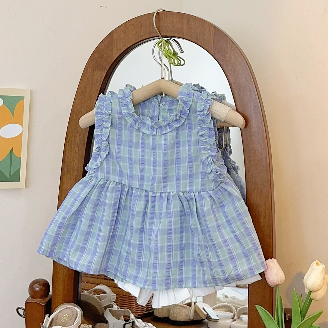 [963291] - One Set 2in1 Baju Setelan Atasan Lengan Kutung Bawahan Celana Pendek Korean Style Anak Perempuan Cewek - Motif Plaid Lace - BABYHOKI STORE