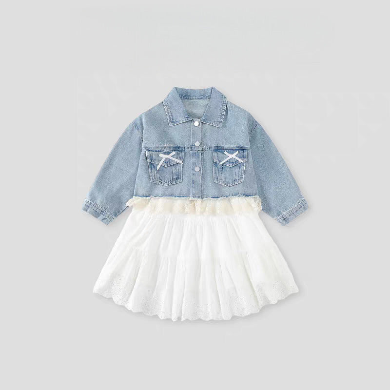 [363959] - One Set 2in1 Baju Setelan Dress Gaun Lengan Kutung Atasan Jaket Denim Lengan Panjang Korean Version Style Anak Cewek Perempuan - Motif Cute Ribbon Lace - BABYHOKI STORE