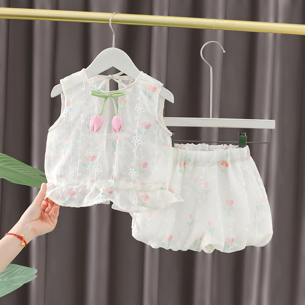 [340414] - Setelan Baju Atasan Kutung Celana Pendek Fashion Anak Perempuan - Motif Flower Ribbon