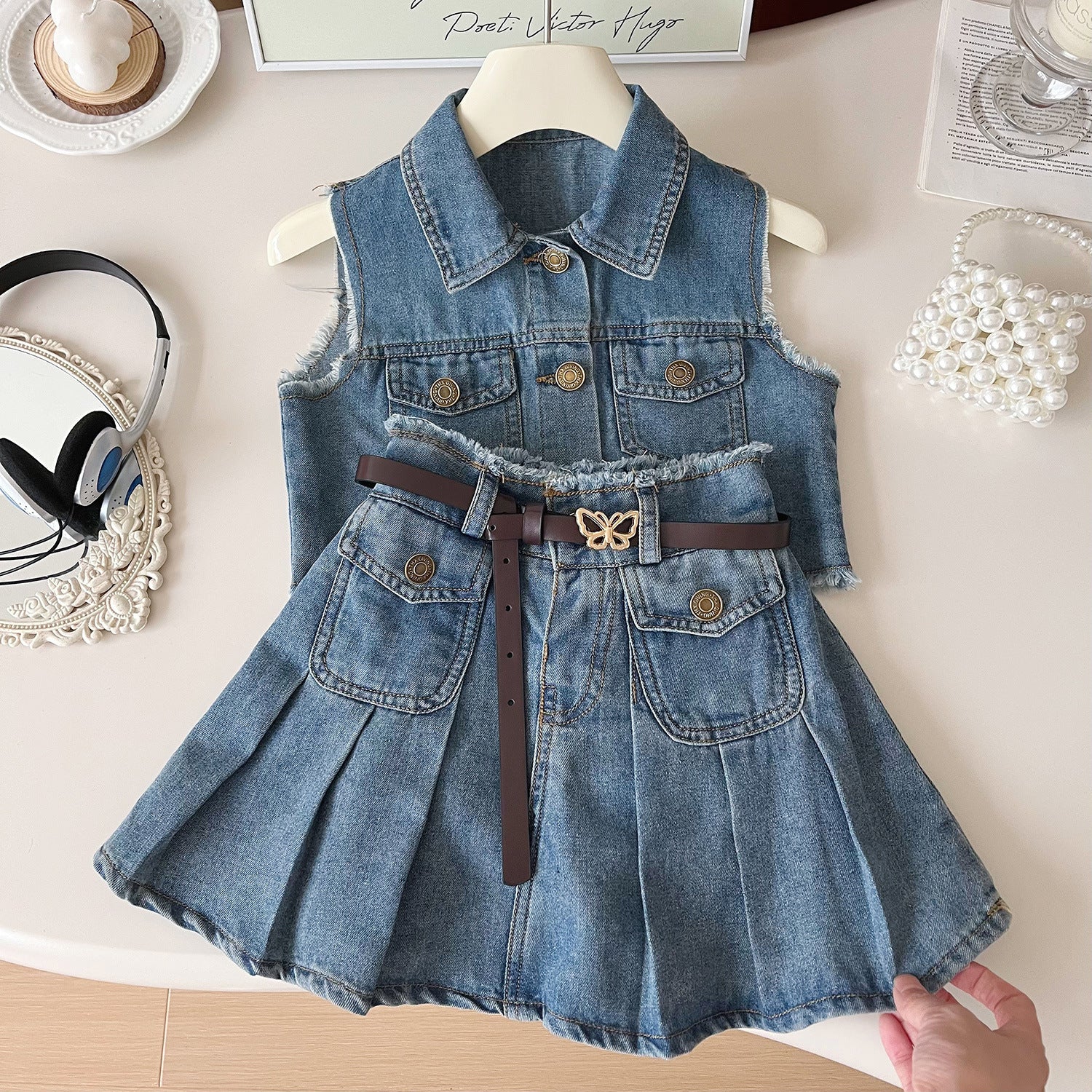 [363921] - One Set 2n1 Baju Setelan Atasan Rompi Denim Lengan Kutung Jeans Bawahan Celana Rok Denim Fashion Anak Cewek Perempuan - Motif Denim Pocket - BABYHOKI STORE