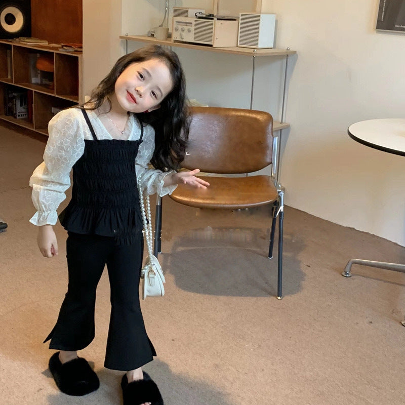 [5071078] - One Set 2in1 Baju Setelan Atasan Lengan Panjang Bawahan Celana Panjang Hitam Fashion Anak Perempuan Cewek - Motif Ruffled Black - BABYHOKI STORE