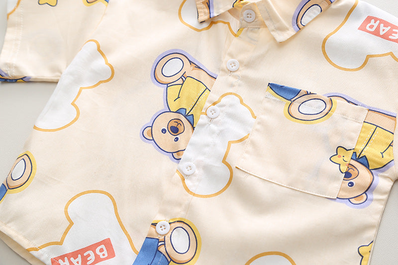 [345403] - Baju Setelan Kemeja Atasan Lengan Pendek Celana Pendek Anak Cowok Fashion - Motif Bear