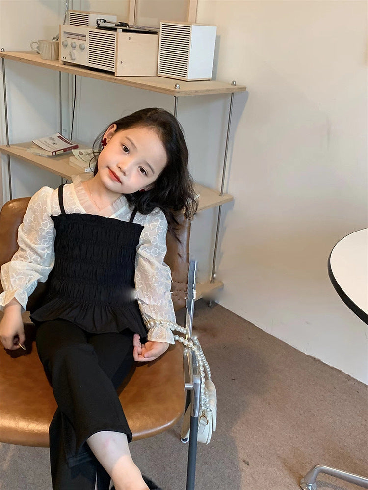 [5071078] - One Set 2in1 Baju Setelan Atasan Lengan Panjang Bawahan Celana Panjang Hitam Fashion Anak Perempuan Cewek - Motif Ruffled Black - BABYHOKI STORE