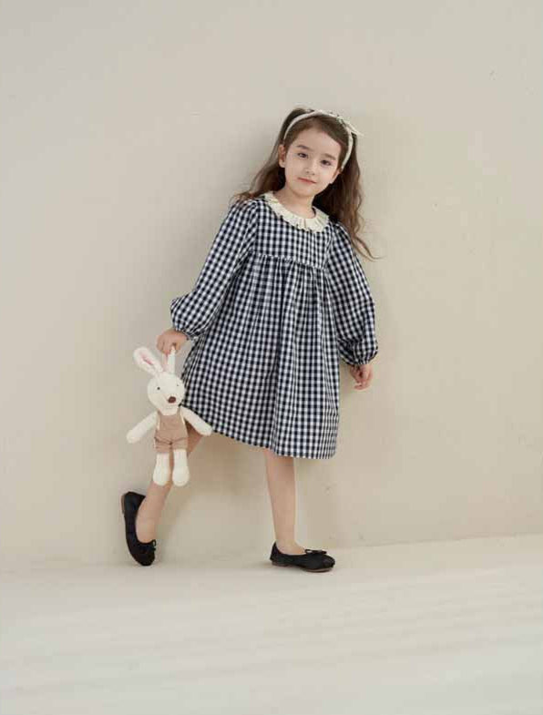 [5071052] - Baju Dress Lengan Panjang Fashion Anak Perempuan - Motif Gingham Plaid