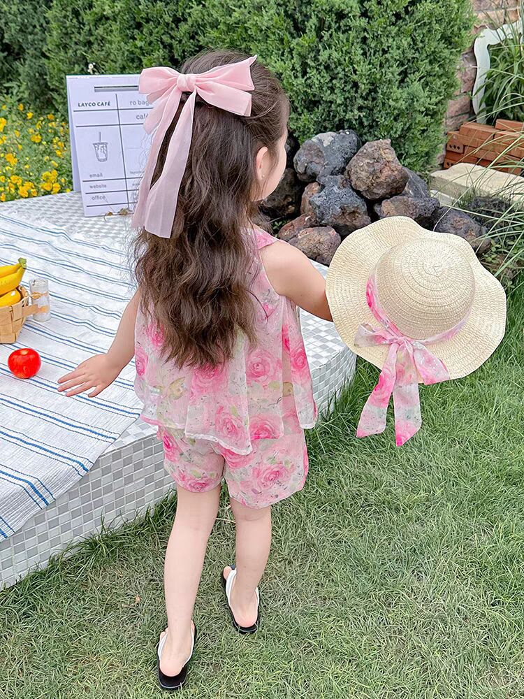 [963292] - One Set 2in1 Baju Setelan Atasan Lengan Kutung Bawahan Celana Pendek Korean Version Style Anak Perempuan Cewek - Motif Chiffon Floral - BABYHOKI STORE