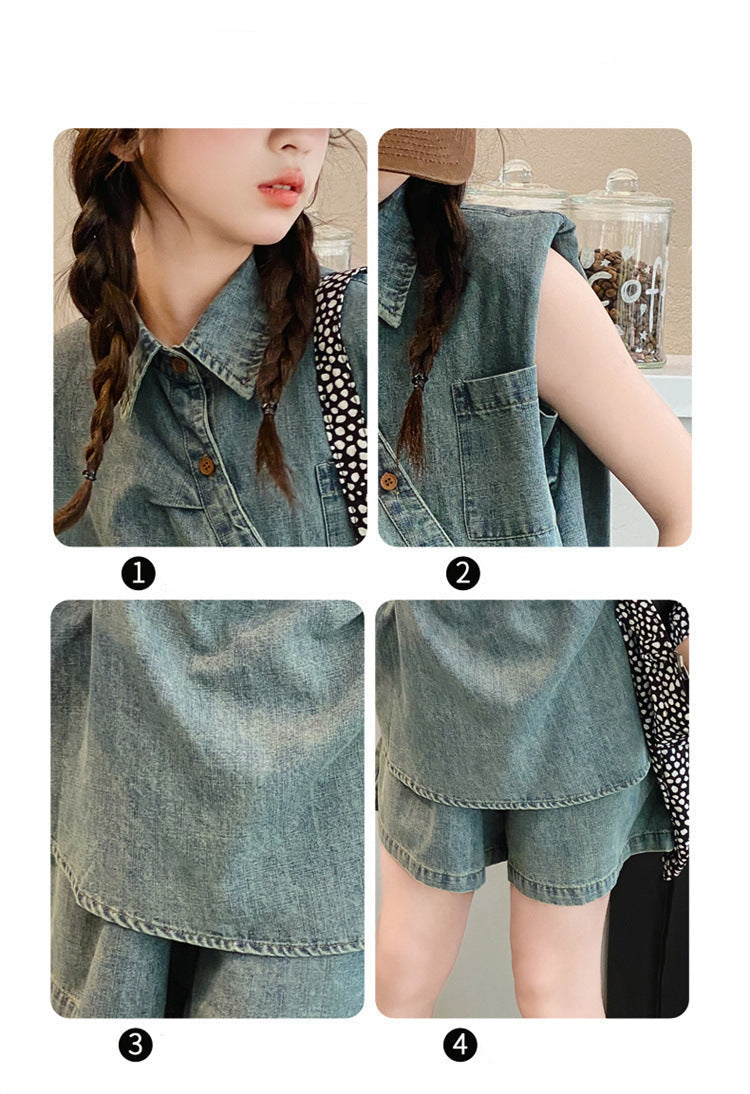 [963131] - One Set 2in1 Baju Setelan Atasan Berkerah Tangan Lengan Kutung Korean Versin Style Anak Perempuan Cewek - Motif Color Denim - BABYHOKI STORE - BABYHOKI STORE