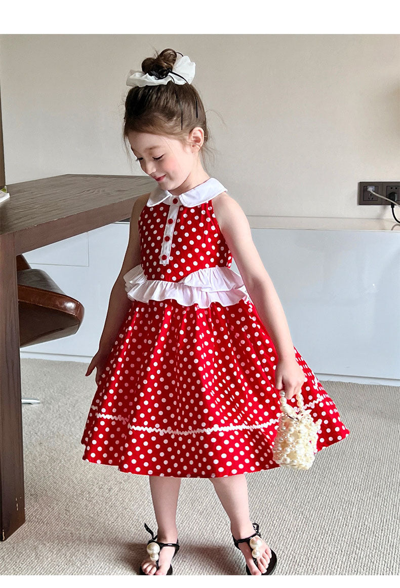 [5071081] - Baju Dress Summer Gaun Lengan Kutung Fashion Anak Perempuan Cewek - Motif Polka Basic Colour Red - BABYHOKI STORE