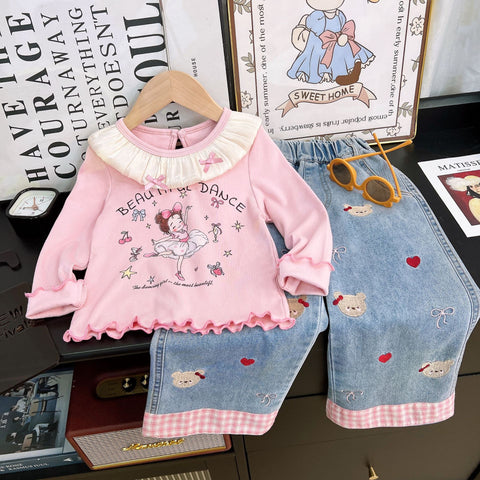 [363937] - One Set 2in1 Baju Setelan Atasan Kaos Lengan Panjang Renda Bawahan Celana Panjang Kulot Fashion Korean Style Anak Cewek Perempuan - Motif Cute Girl - BABYHOKI STORE - BABYHOKI STORE
