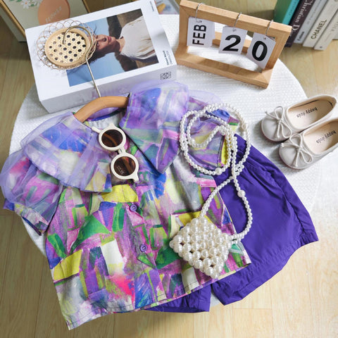 [363733] - Baju Setelan Blouse Lengan Pendek Celana Pendek Fashion Anak Perempuan - Motif Abstract Geometry