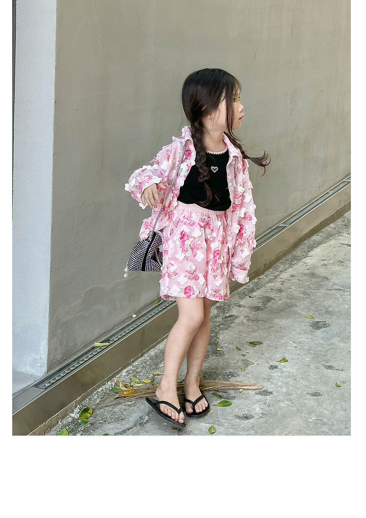 [963300] - One Set 2in1 Baju Setelan Outer Atasan Lengan Panjang Bawahan Celana Pendek Korean Version Style Anak Perempuan Cewek - Motif Floral - BABYHOKI STORE