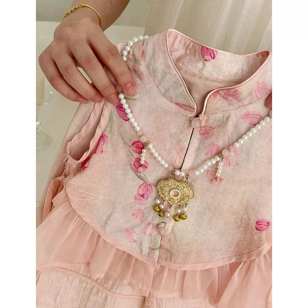 [5071133] - One Set 2in1 Baju Setelan Cheongsam Imlek Atasan Shanghai Lengan Kutung Bawahan Celana Panjang Fashion Chinese Style Anak Perempuan Cewek - Motif Flower - BABYHOKI STORE