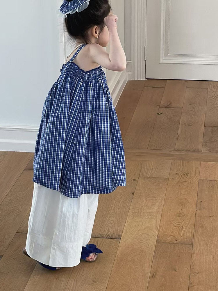 [5071088] - One Set 2in1 Baju Setelan Atasan Lengan Kutung Bawahan Celana Panjang Kulot Putih Fashion Anak Perempuan Cewek - Motif Style Plaid - BABYHOKI STORE