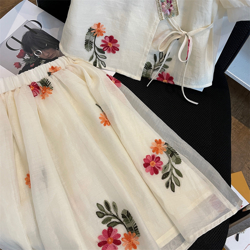 [963288] - One Set 2in1 Baju Setelan Anak Atasan Lengan Pendek Bawahan Rok Midi Skirt Famous Ethnic Style Perempuan Cewek - Motif Lace Embroidered - BABYHOKI STORE