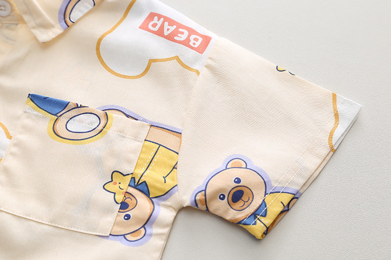 [345403] - Baju Setelan Kemeja Atasan Lengan Pendek Celana Pendek Anak Cowok Fashion - Motif Bear