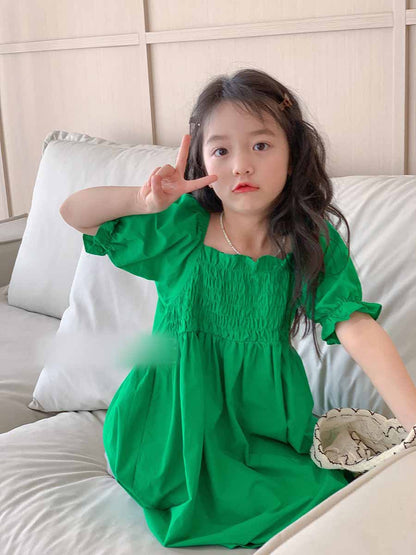 [507S128] - Baju Dress Lengan Balon Pendek Fashion Anak Perempuan - Motif Casual Style