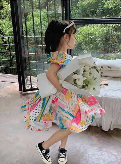 [507991] - Baju Dress Lengan Balon Fashion Anak Perempuan - Motif Painted Patterns