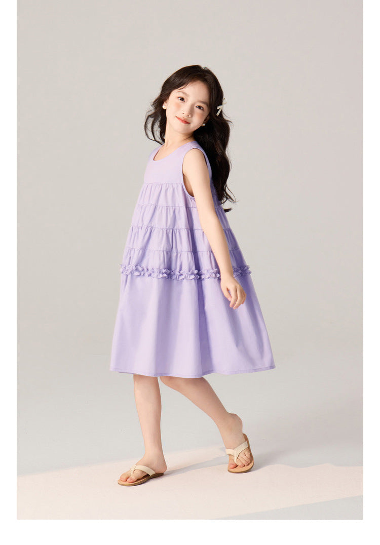 [5071119] - Baju Dress Gaun Purple Lengan Kutung Fashion Trendi Anak Perempuan Cewek - Motif Ruffled - BABYHOKI STORE