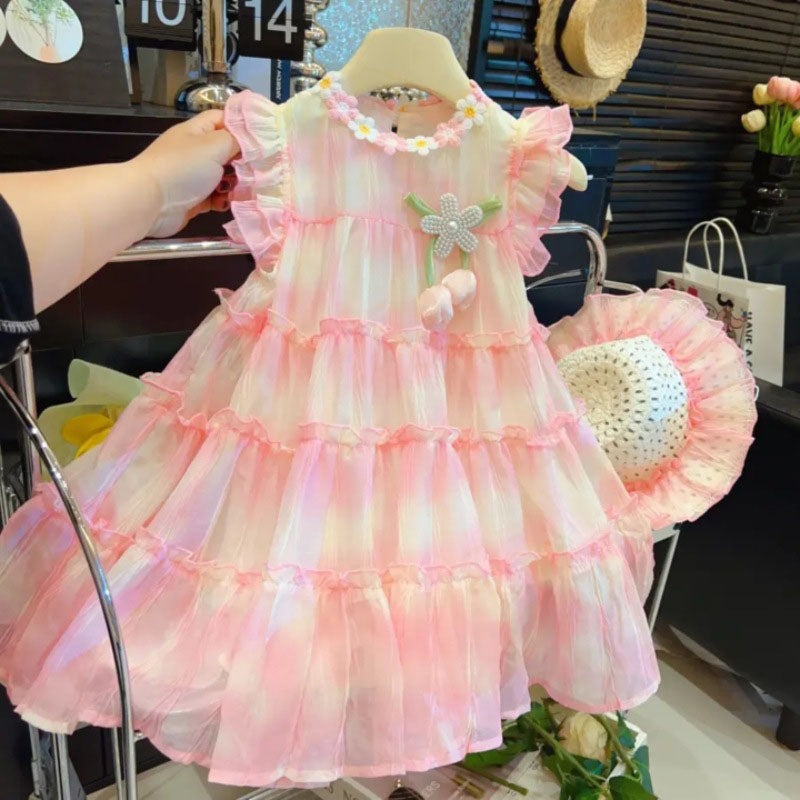 [963110] - Baju Gaun Dress Princess Chiffon Atasan Lengan Kutung Korean Fashion Style Anak Perempuan Cewek - Motif Flower 3D - BABYHOKI STORE