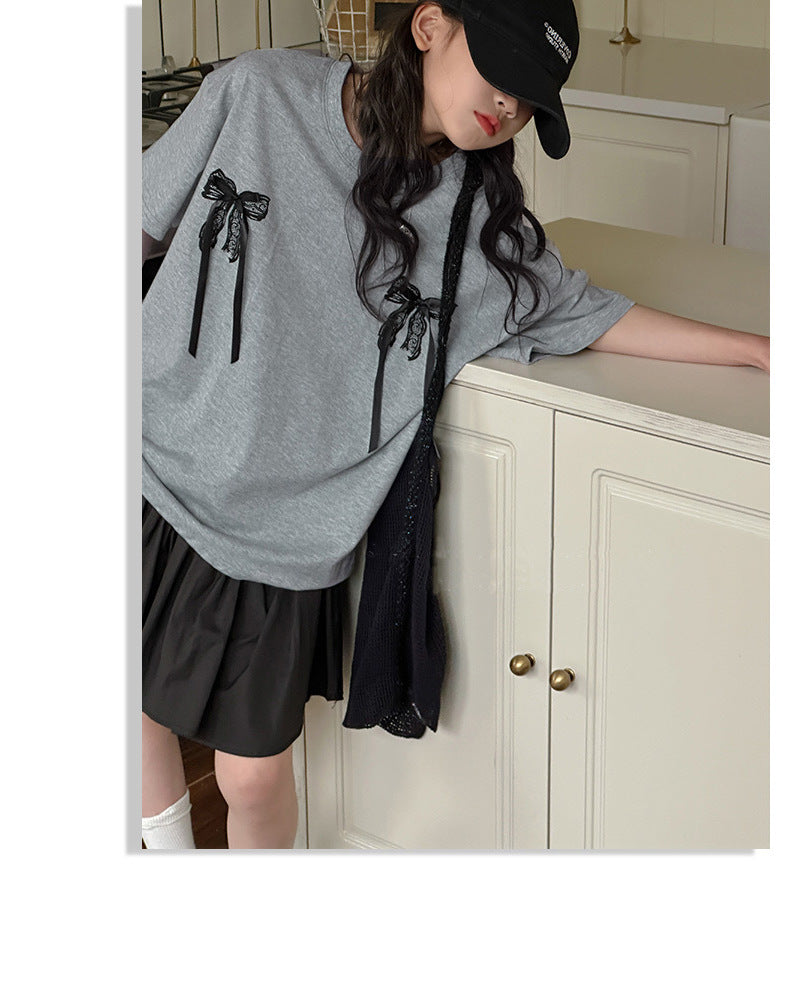 [5071118] - One Set 2in1 Baju Setelan Atasan Kaos Oversize Gray Lengan Pendek Bawahan Rok Pendek Fashion Korean Style Anak Perempuan Cewek - Motif Ribbon Top - BABYHOKI STORE