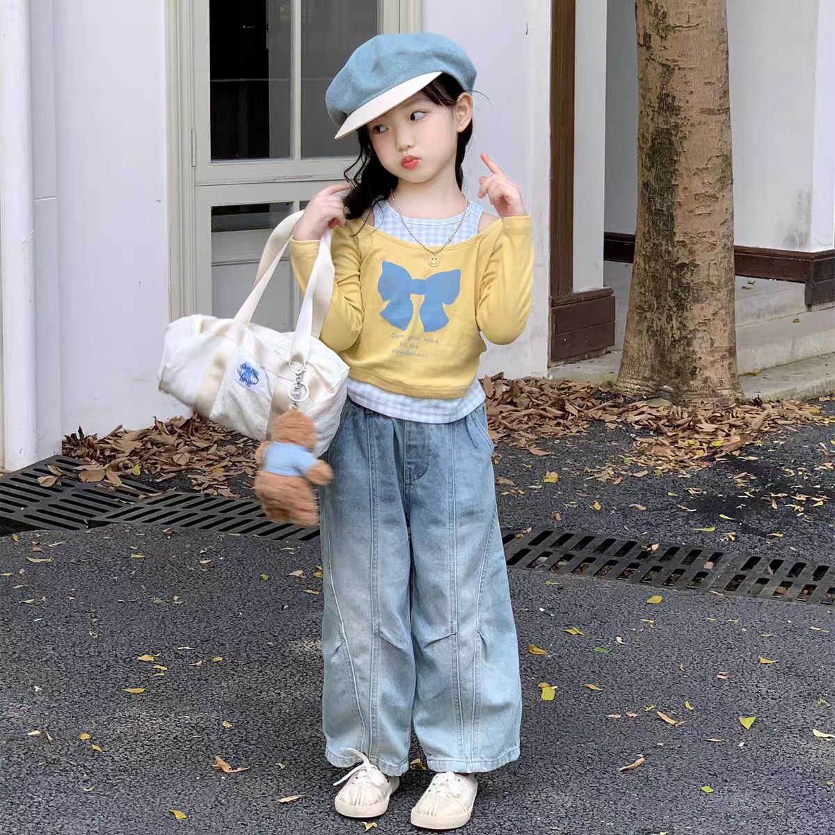 [363898] - One Set 2in1 Baju Setelan Atasan Kaos Lengan Panjang Bawahan Celana Panjang Denim Fashion Anak Perempuan - Motif Splicing Bow Top - BABYHOKI STORE