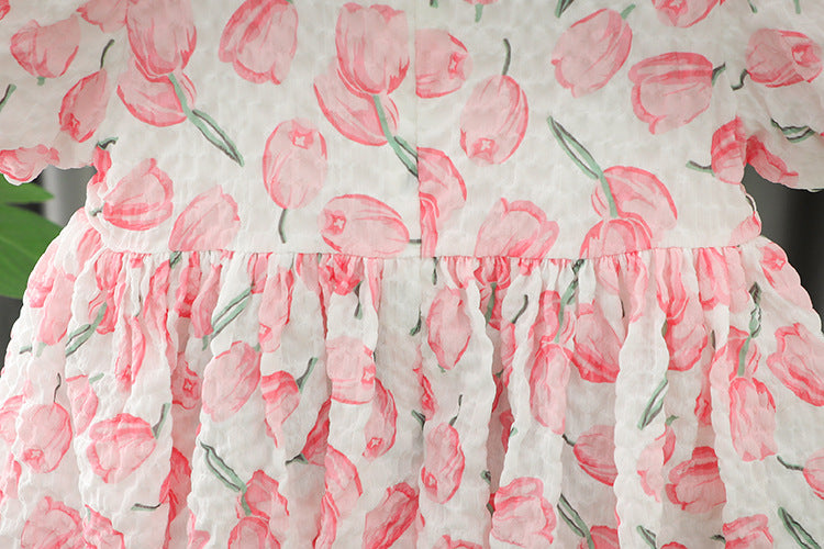 [340386] - Baju Mini Dress Lengan Pendek Balon Fashion Anak Perempuan - Motif Flower Leaf