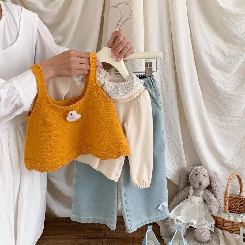 [363931] - One Set 3in1 Baju Setelan Atasan Blouse Lengan Panjang Vest Kutung Bawahan Celana Panjang Kulot Jeans Korean Fashion Anak Cewek Perempuan - Motif Cute Lace - BABYHOKI STORE - BABYHOKI STORE