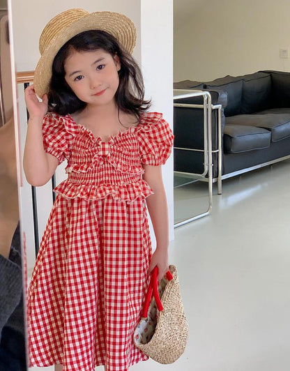 [5071038] - Baju Dress Lengan Pendek Fashion Anak Perempuan - Motif Plaid Wave