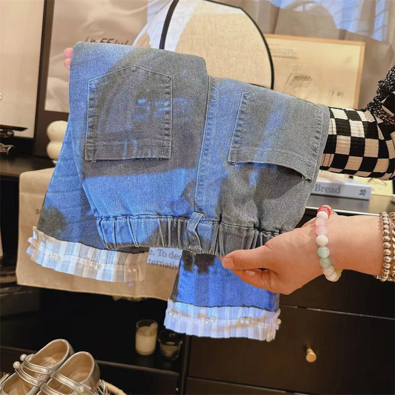 [363816] - Setelan Baju 3 in 1 Rompi Rajut Celana Jeans Panjang Fashion Anak Perempuan - Motif Knitted Lace