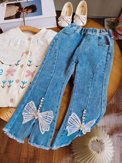 [363742] - Setelan Baju Cardigan Rajut O Neck Celana Panjang Jeans Fashion Anak Perempuan - Motif Ribbon Laces