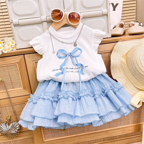 [963237] - One Set 2in1 Baju Setelan Atasan Kaos Lengan Kutung Bawahan Celana Rok Style Korean Anak Perempuan Cewek - Motif Bow Ruffled - BABYHOKI STORE