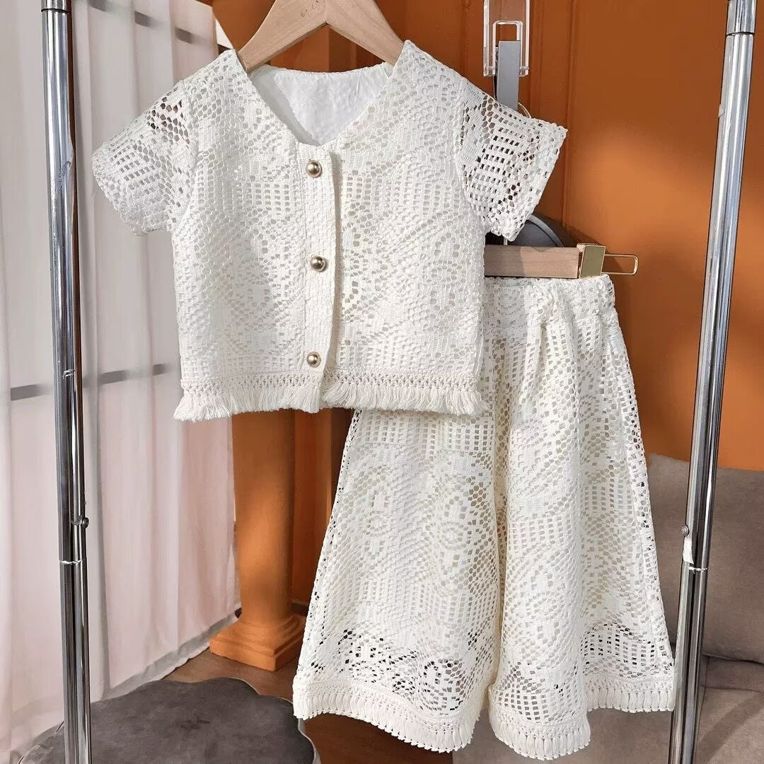 [5071177] - One Set 2in1 Baju Setelan Elegant Atasan Lengan Pendek Bawahan Rok Pendek Comfort Fashion Style Anak Perempuan Cewek - Motif Hollow - BABYHOKI STORE