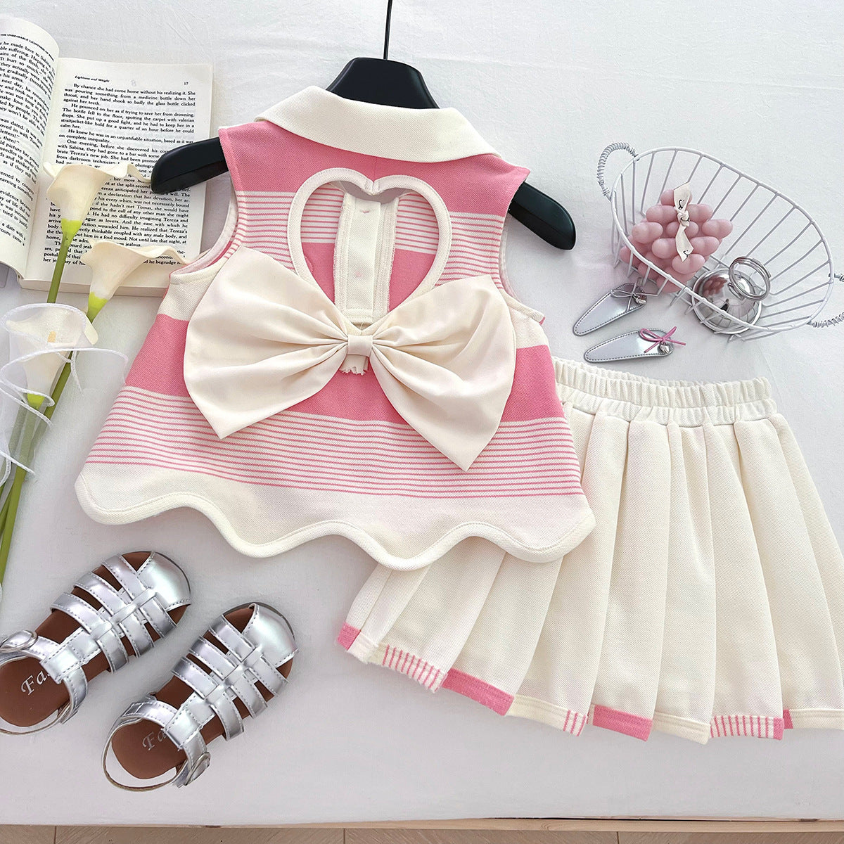 [963113] - One Set 2in1 Baju Setelan Atasan Kaos Berkerah Lengan Kutung Bawahan Celana Rok Pendek Casual Fashion Anak Perempuan Cewek - Motif Love Striped Color - BABYHOKI STORE