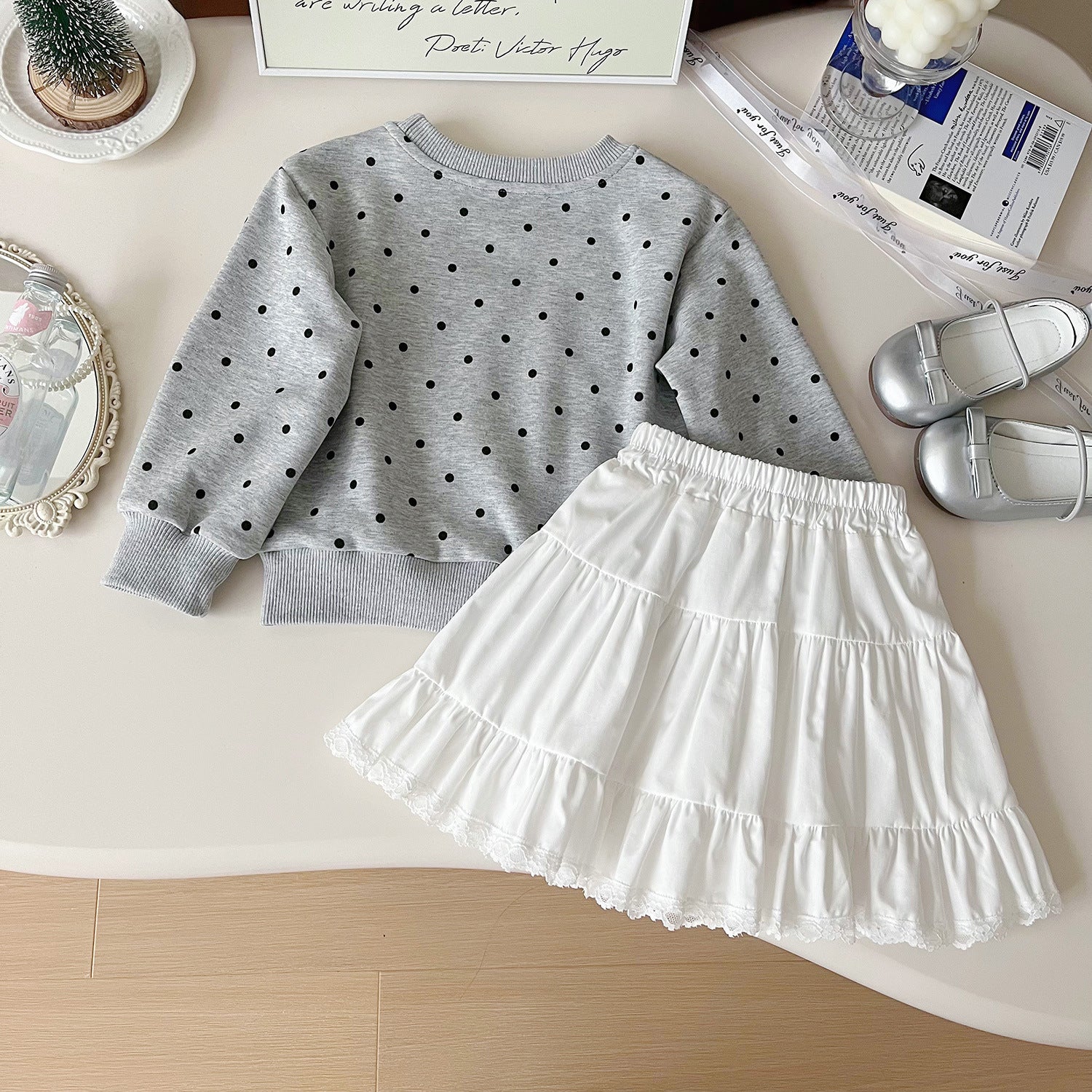 [963167] - One Set 2in1 Baju Setelan Atasan Sweater Lengan Panjang Bawahan Celana Rok Pendek Korea Fashion Style Anak Perempuan Cewek - Motif Bow Polkadot - BABYHOKI STORE - BABYHOKI STORE