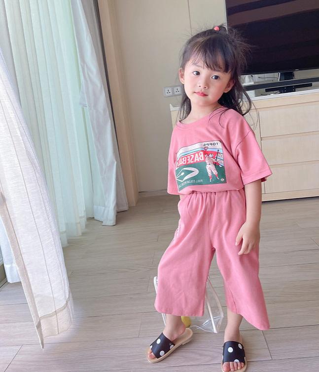 [507S136] - Setelan Baju Lengan Pendek Celana Panjang Fashion Anak Perempuan - Motif Baseball