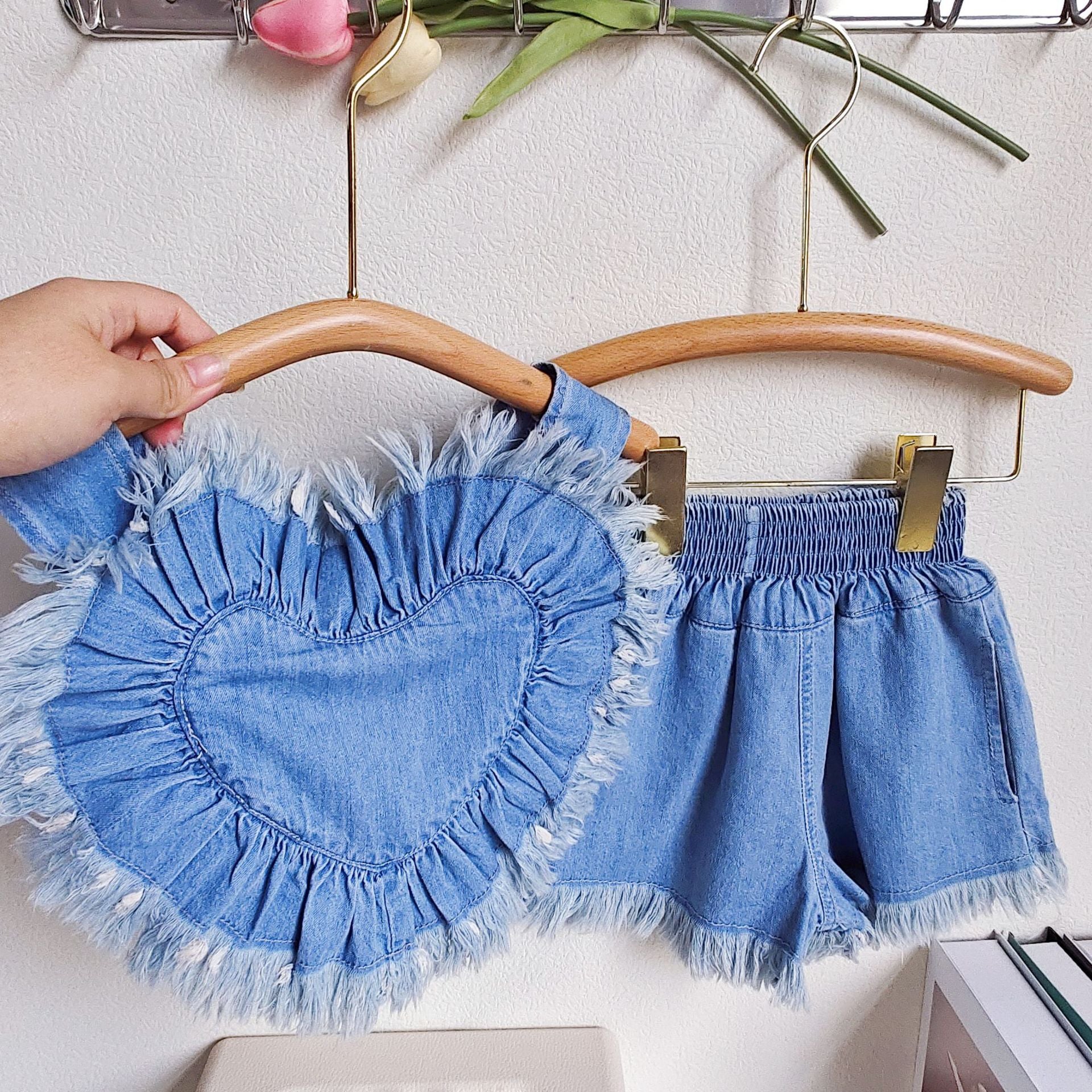 BABYHOKI STORE Usia 7 8 9 10 Tahun Baju Anak Tanggung Cewek [363627] - Setelan Atasan Lengan Pendek Bawahan Pendek Anak Perempuan - Motif Love Shape