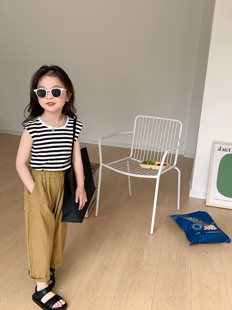 [5071046] - Baju Setelan Tanpa Lengan Celana Chino Panjang Fashion Anak Perempuan - Motif Line Stripe