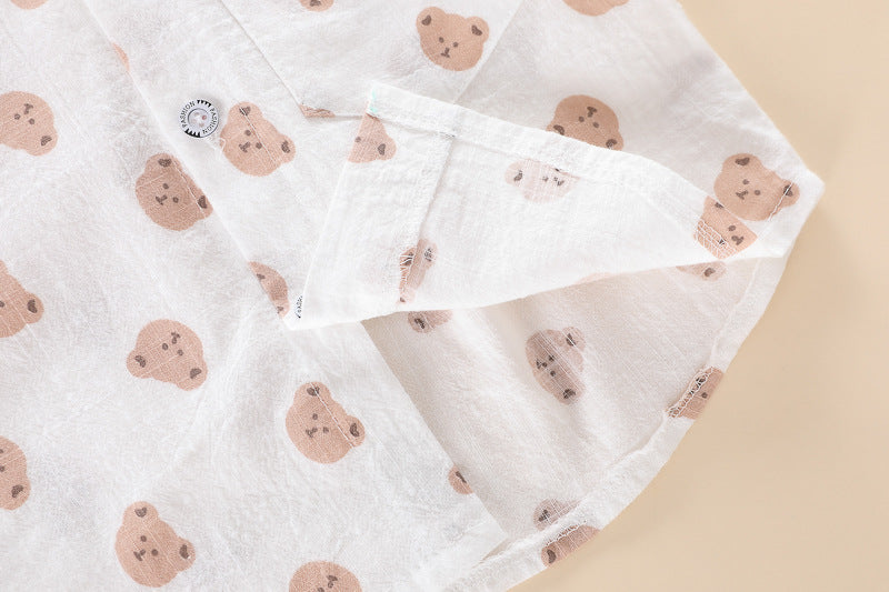 [345377] - Setelan Kemeja Koko Celana Pendek Denim Anak Laki-Laki - Motif Bear Head