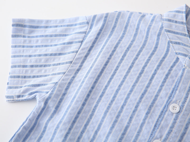 [383223] - Baju Atasan Kemeja Kerah Shanghai Koko Lengan Pendek Anak Laki-Laki Cowok - Motif Blue & White Stripes - BABYHOKI STORE - BABYHOKI STORE