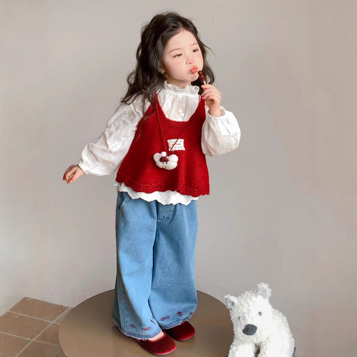 [363930] - One Set 3in1 Baju Setelan Atasan Blouse Lengan Panjang Vest Kutung Bawahan Celana Panjang Kulot Jeans Korean Fashion Anak Cewek Perempuan - Motif Patterned Lace - BABYHOKI STORE